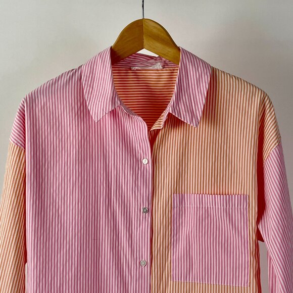 Primark Oversized  Colourblock Pink/Orange Pinstripe Button Up Shirt, Size 8 - Picture 3 of 11